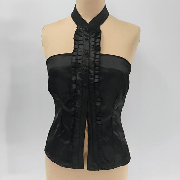 Forever 21 Women Tops Black y2k satin halter top ruffle tuxedo - Picture 12 of 12